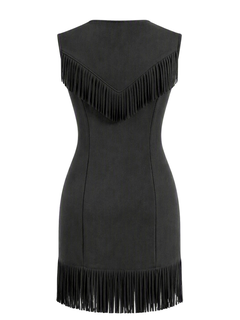 Black 1960s Fringe V Neck Dress 2