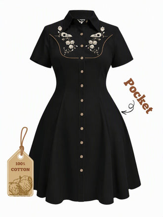 [Pre-Sale] [Plus Size] Black 1950s Cotton Floral Embroidered Western Style Dress
