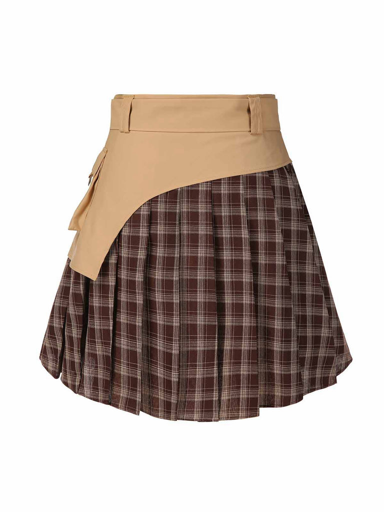 [Pre-Sale] 2PCS Khaki & Brown 1960s Plaid Patchwork Jacket & Pleated Skirt