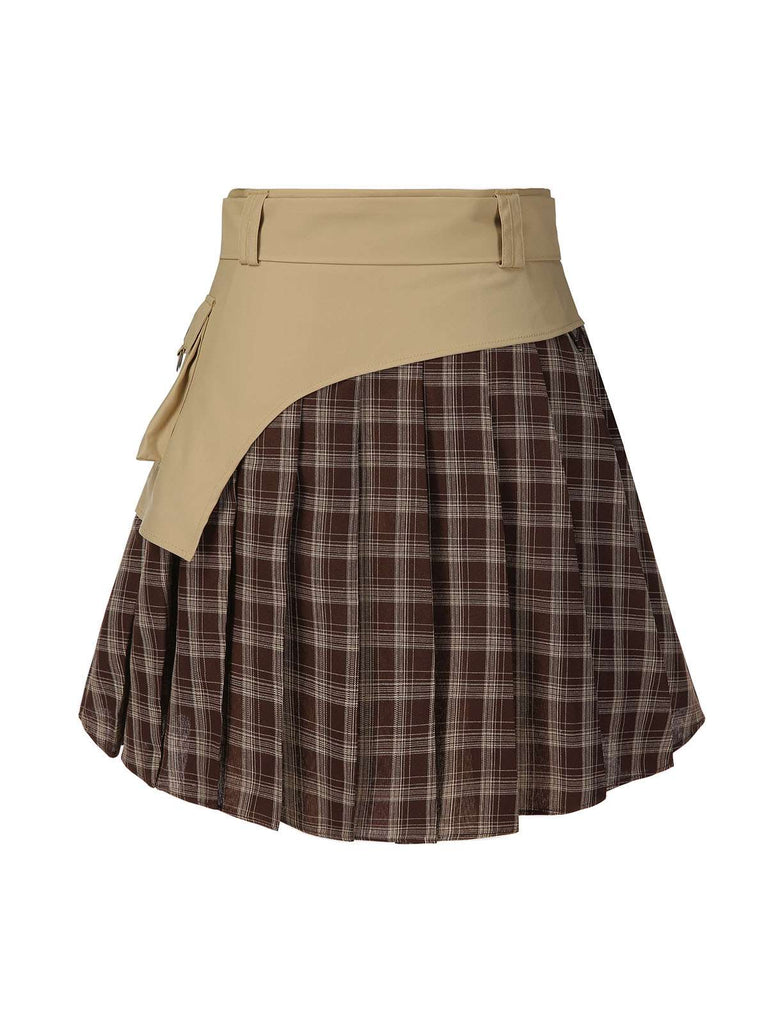 [Pre-Sale] 2PCS Khaki & Brown 1960s Plaid Patchwork Jacket & Pleated Skirt