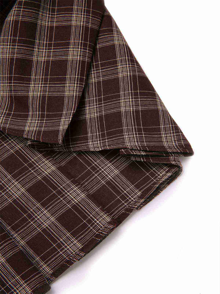 [Pre-Sale] 2PCS Khaki & Brown 1960s Plaid Patchwork Jacket & Pleated Skirt