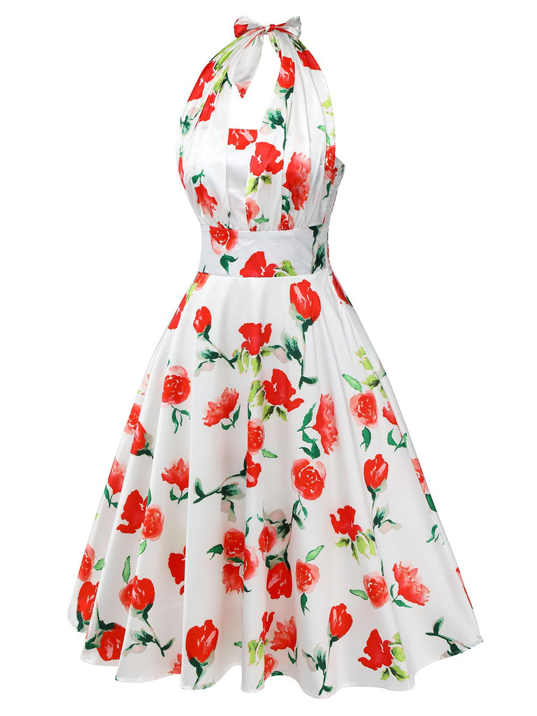 White 1950s Watercolor Rose Halter Dress | Retro Stage