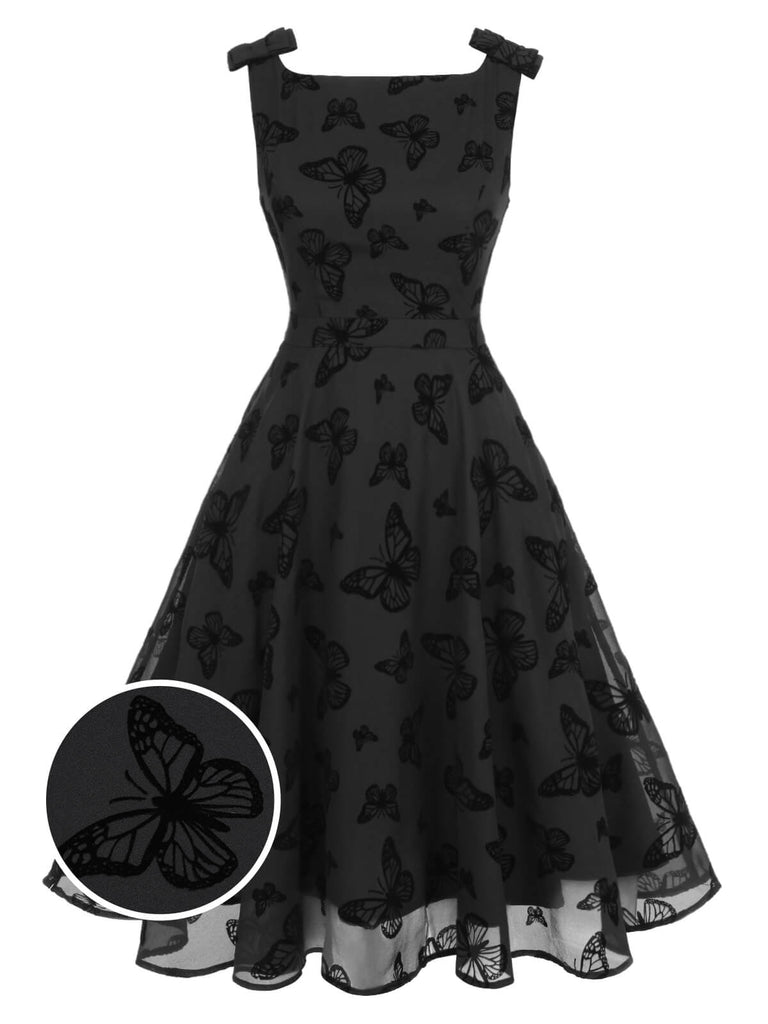 Black 1950s Butterfly Flocking Mesh Dress
