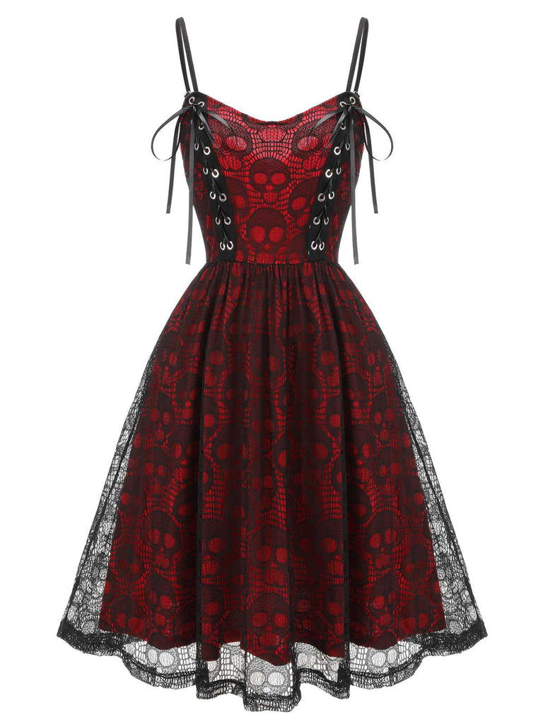 Wine Red 1950s Skull Pattern Gothic Style Dress