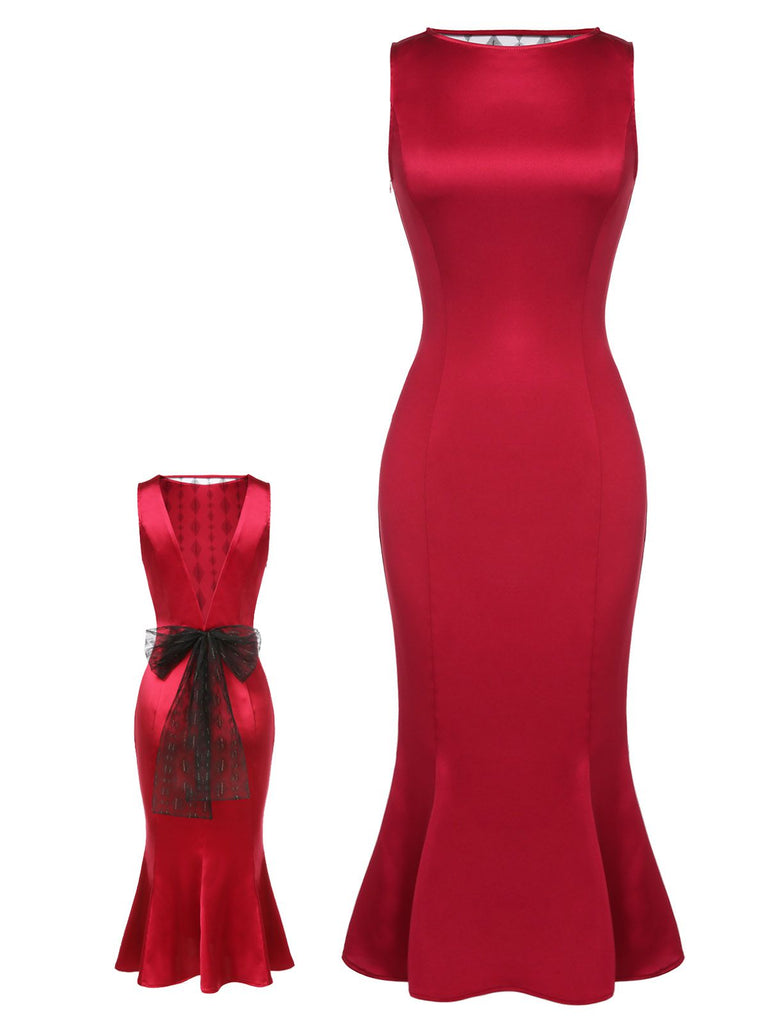Deep Red 1930s Solid Bow Decor Fishtail Dress