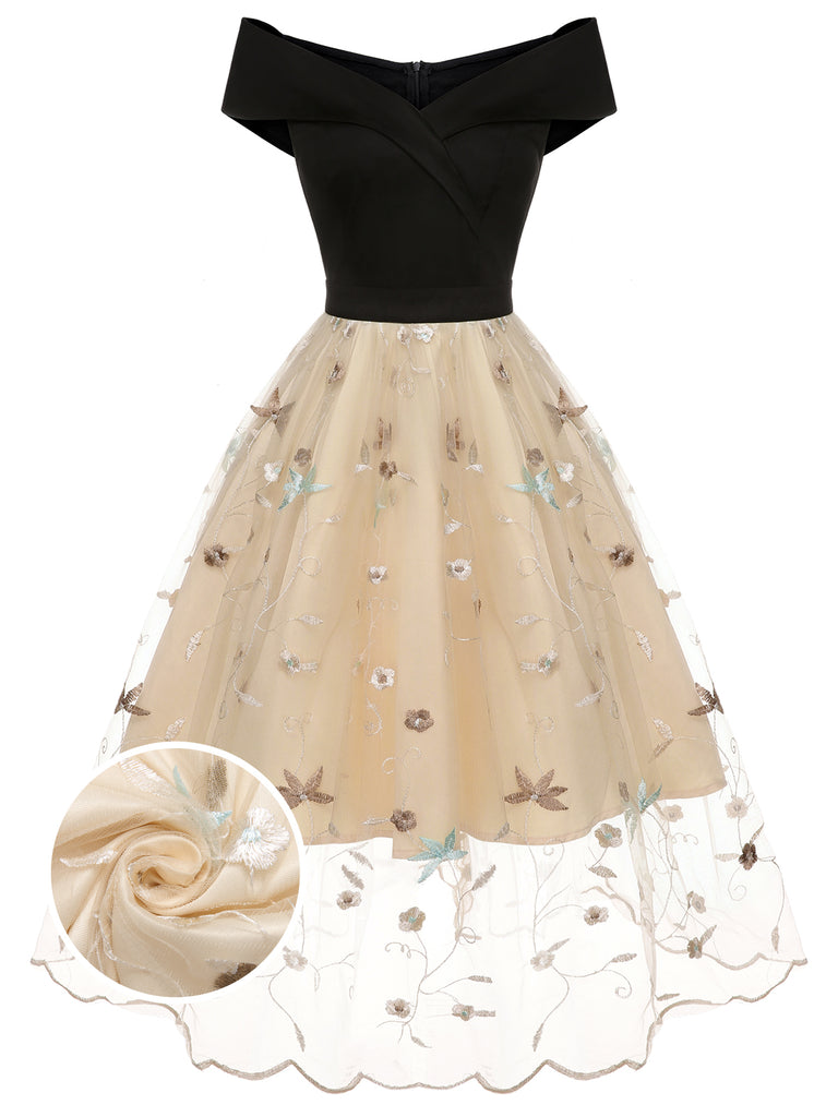 Black & Beige 1950s Floral Mesh Off-Shoulder Dress