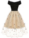 Black & Beige 1950s Floral Mesh Off-Shoulder Dress