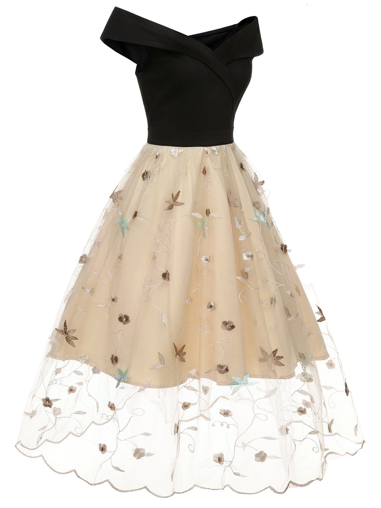 Black & Beige 1950s Floral Mesh Off-Shoulder Dress