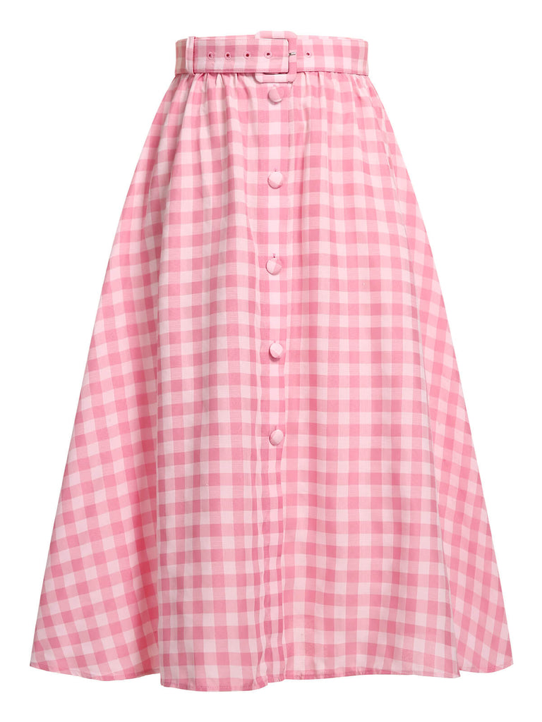 1950s Pink Plaid Button Skirt With Belt