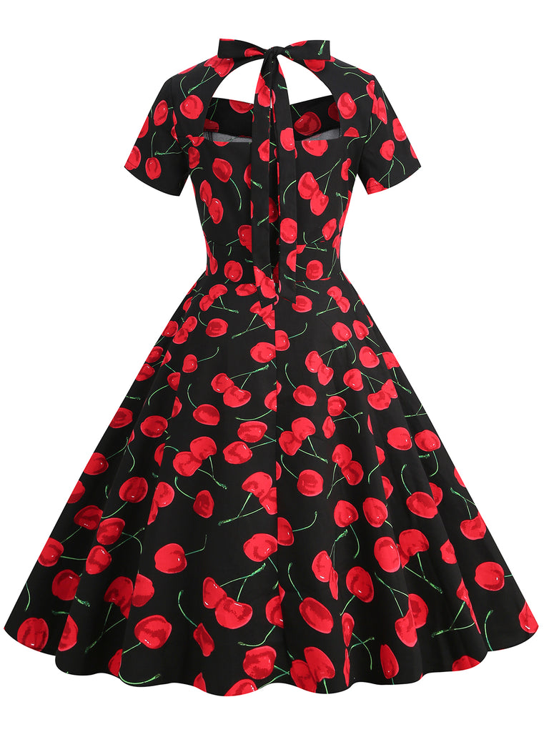 1950s Cherry Sweetheart Short Sleeve Lace Up Dress