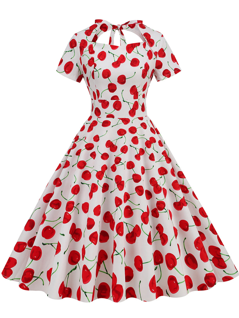 1950s Cherry Sweetheart Short Sleeve Lace Up Dress