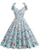 1950s Floral Lace-Up Shoulder V-Neck Swing Dress