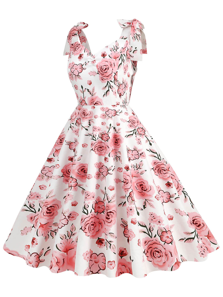 1950s Floral Lace-Up Shoulder V-Neck Swing Dress