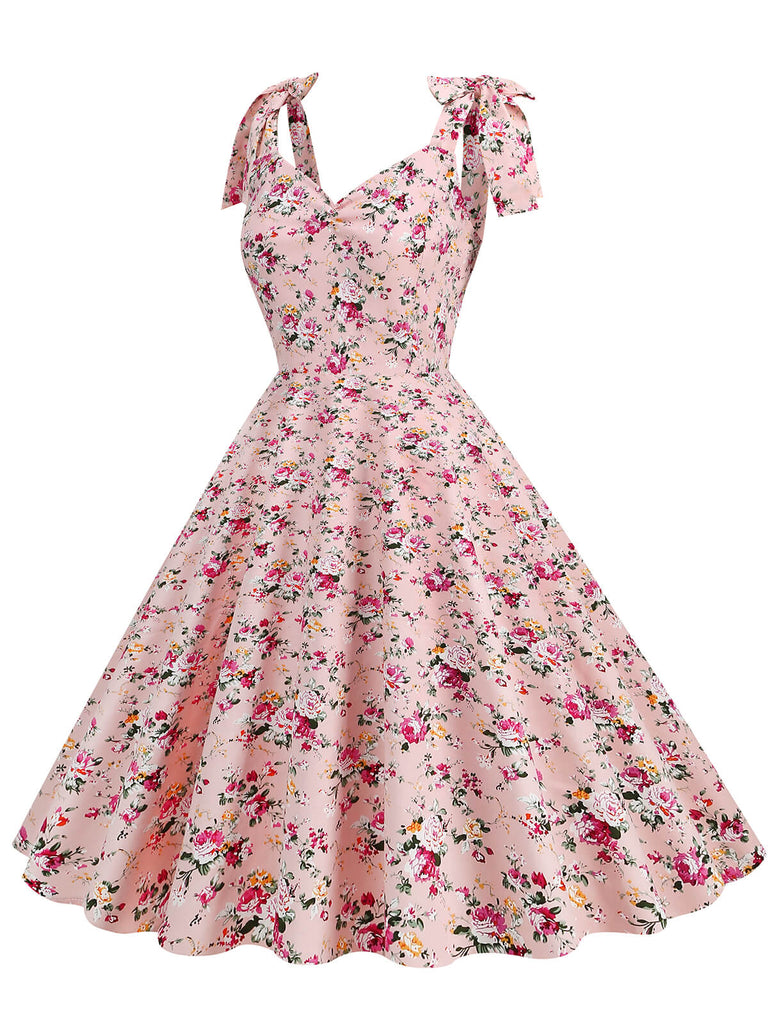 1950s Floral Lace-Up Shoulder V-Neck Swing Dress