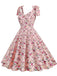 1950s Floral Lace-Up Shoulder V-Neck Swing Dress