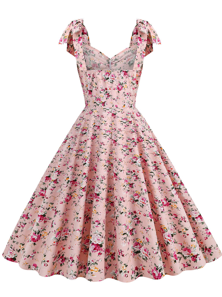 1950s Floral Lace-Up Shoulder V-Neck Swing Dress