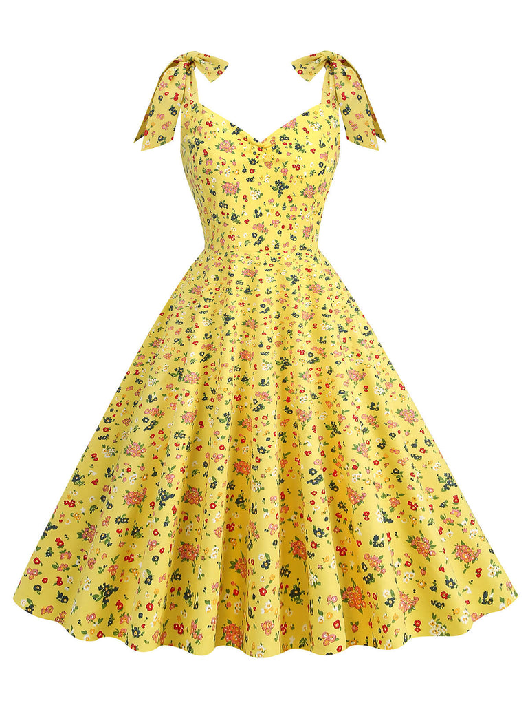 1950s Floral Lace-Up Shoulder V-Neck Swing Dress