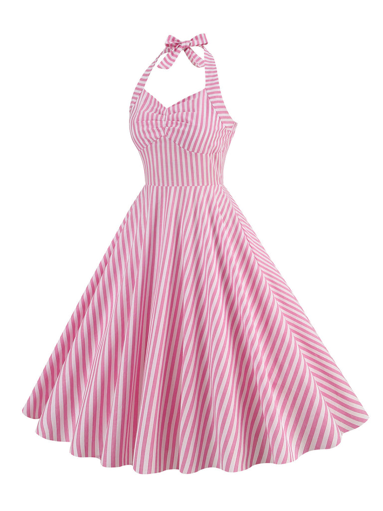 Pink 1950s Stripe Halter Swing Dress