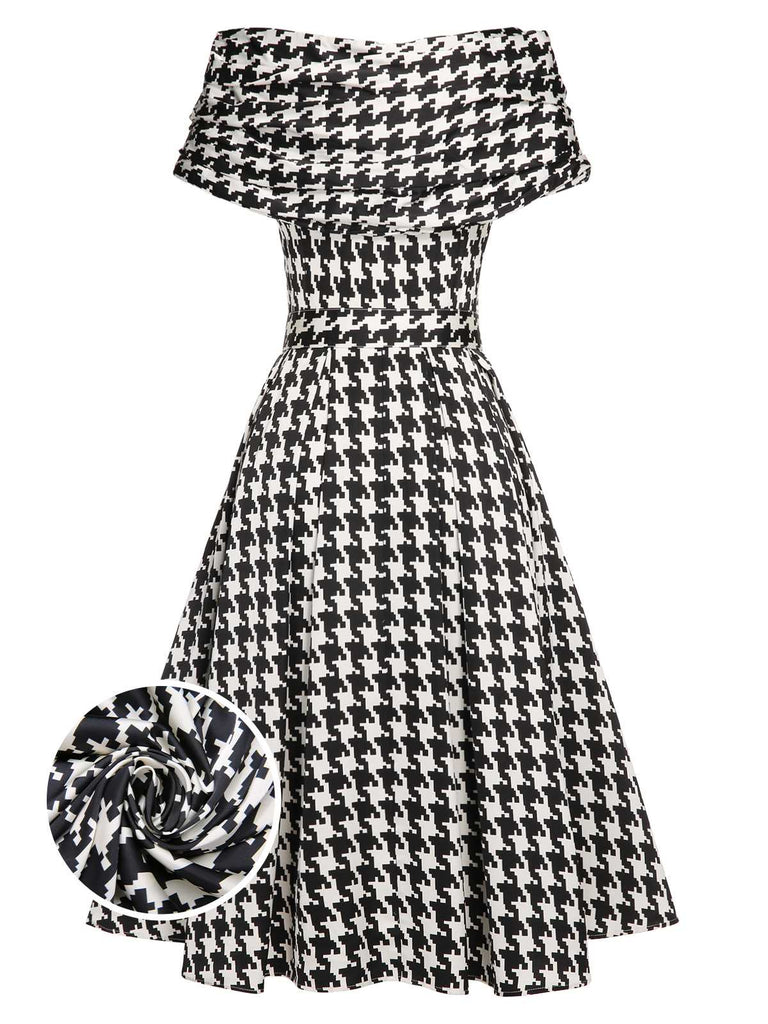 Black 1950s Houndstooth Short Sleeve Belted Dress