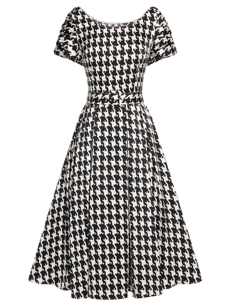 Black 1950s Houndstooth Short Sleeve Belted Dress | Retro Stage