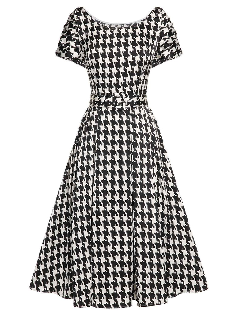 Black 1950s Houndstooth Short Sleeve Belted Dress