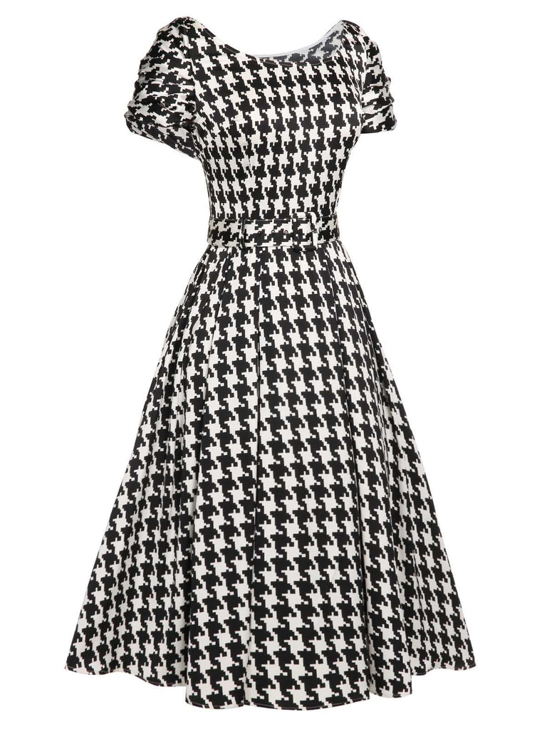 Black 1950s Houndstooth Short Sleeve Belted Dress