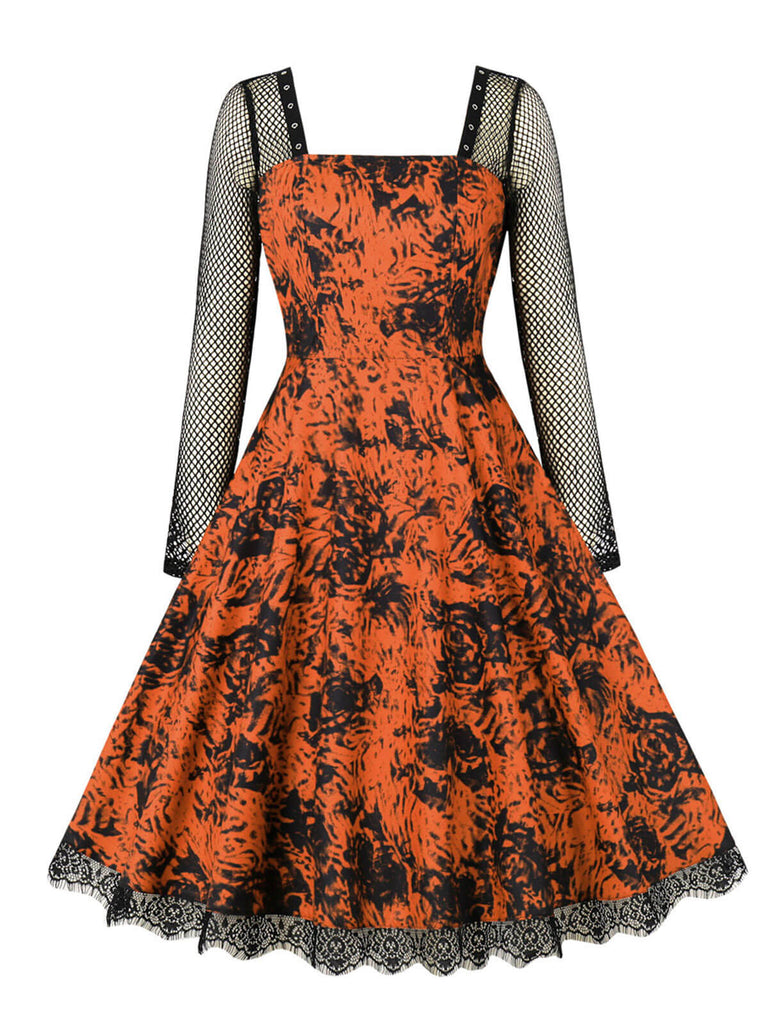 1950s Halloween Mesh Patchwork Long Sleeve Dress