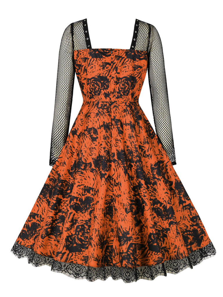 1950s Halloween Mesh Patchwork Long Sleeve Dress