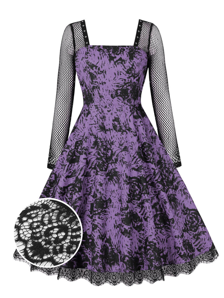 1950s Halloween Mesh Patchwork Long Sleeve Dress