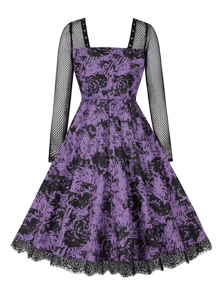 1950s Halloween Mesh Patchwork Long Sleeve Dress