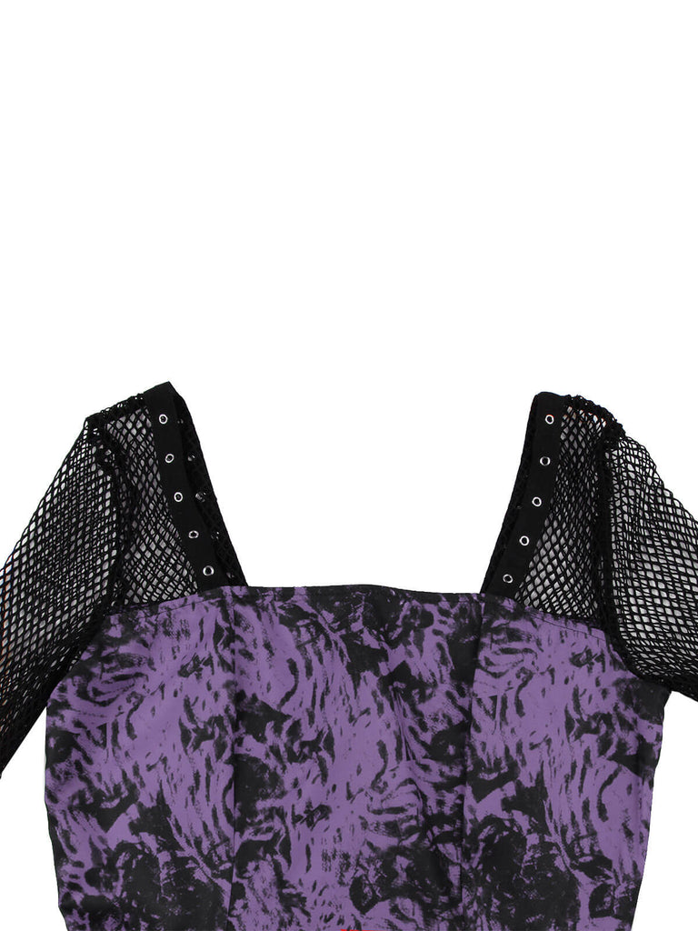 1950s Halloween Mesh Patchwork Long Sleeve Dress