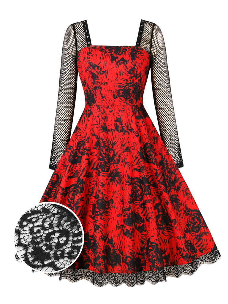 1950s Halloween Mesh Patchwork Long Sleeve Dress