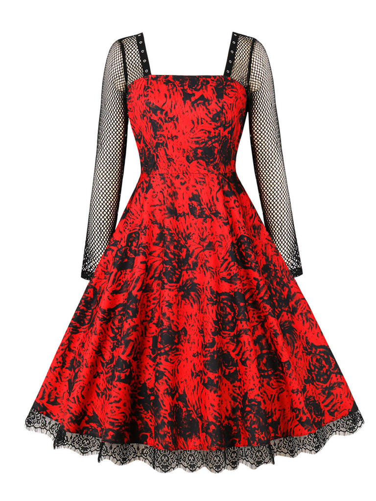 1950s Halloween Mesh Patchwork Long Sleeve Dress