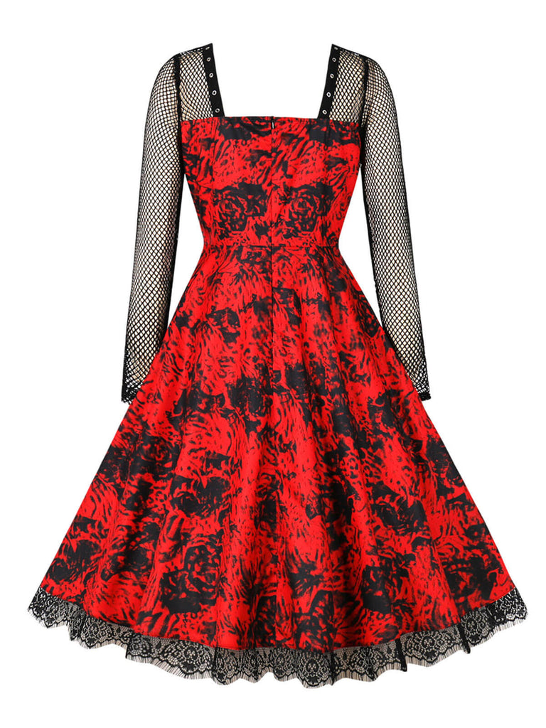 1950s Halloween Mesh Patchwork Long Sleeve Dress