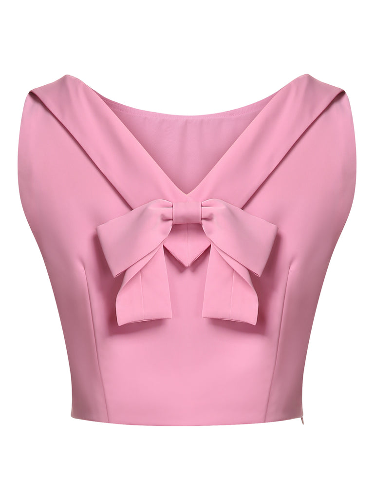 Pink 1960s Lapel Bowknot Top