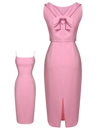 2PCS Pink 1960s Lapel Bowknot Blouse & Solid Spaghetti Strap Dress