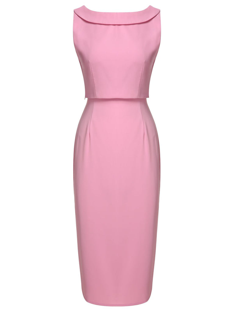 2PCS Pink 1960s Lapel Bowknot Blouse & Solid Spaghetti Strap Dress ...