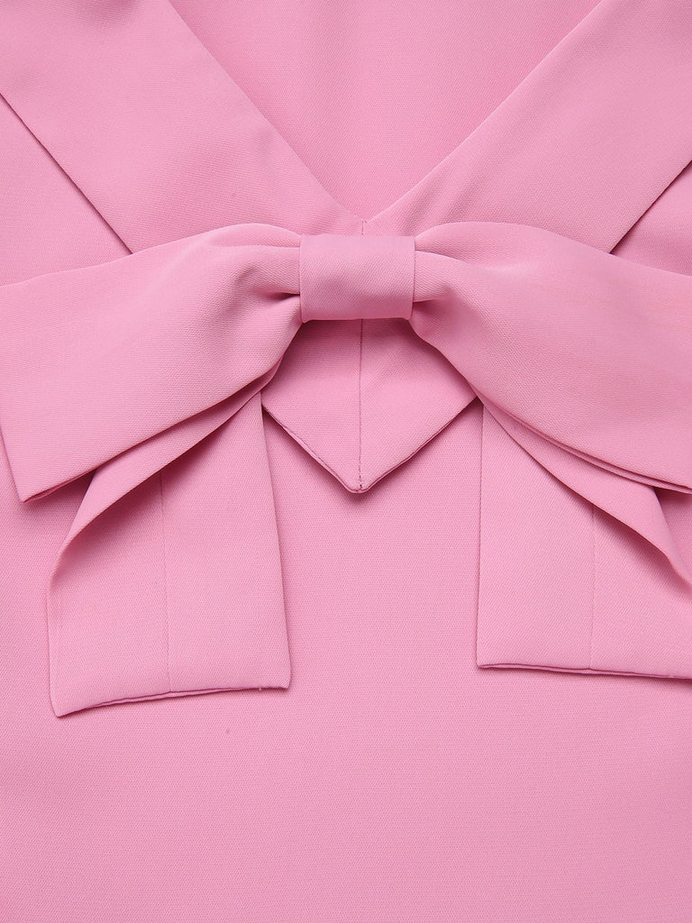 2PCS Pink 1960s Lapel Bowknot Blouse & Solid Spaghetti Strap Dress