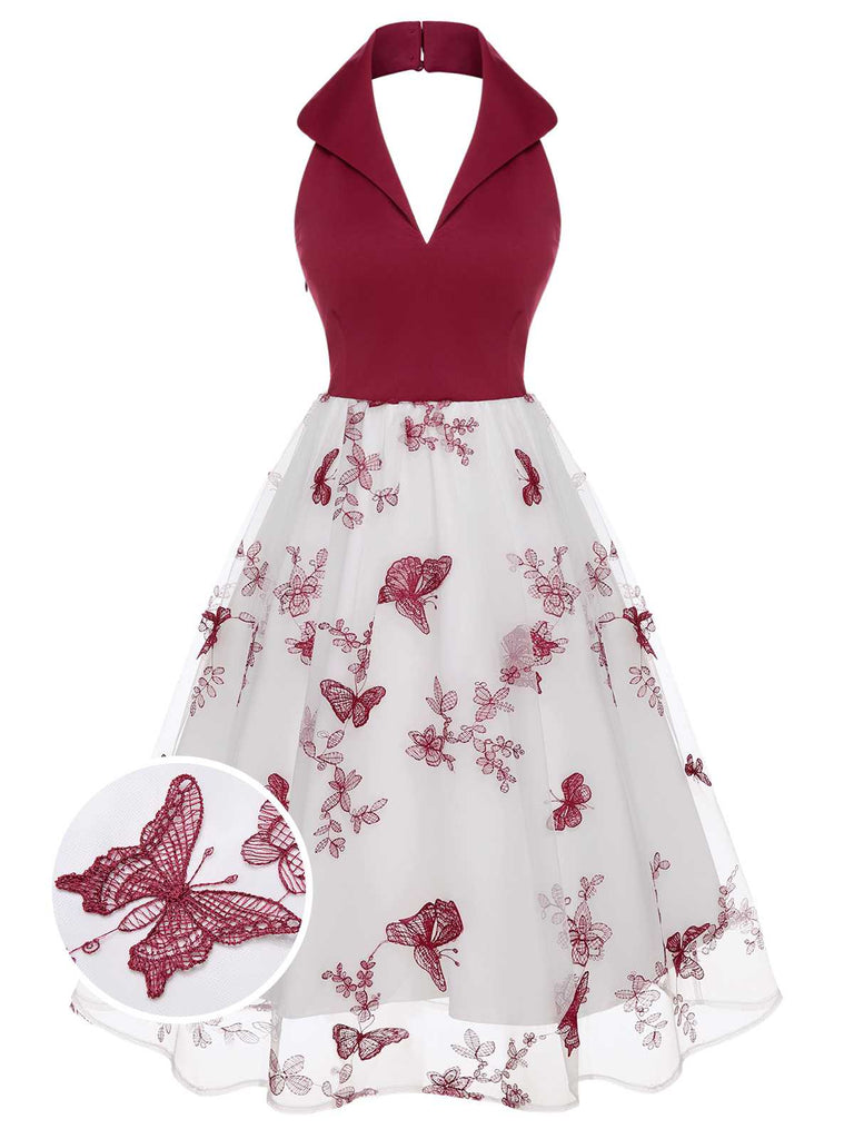 Wine Red 1950s Butterfly Lapel Mesh Dress