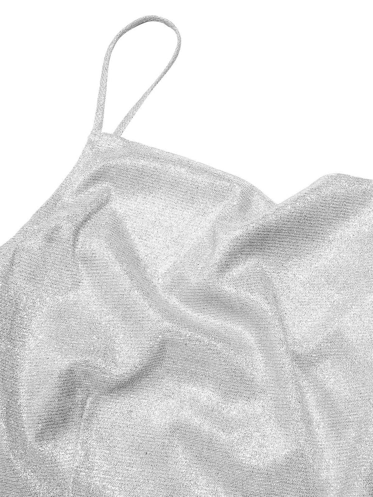 Silver 1960s Spaghetti Strap Sparkling Mini Dress