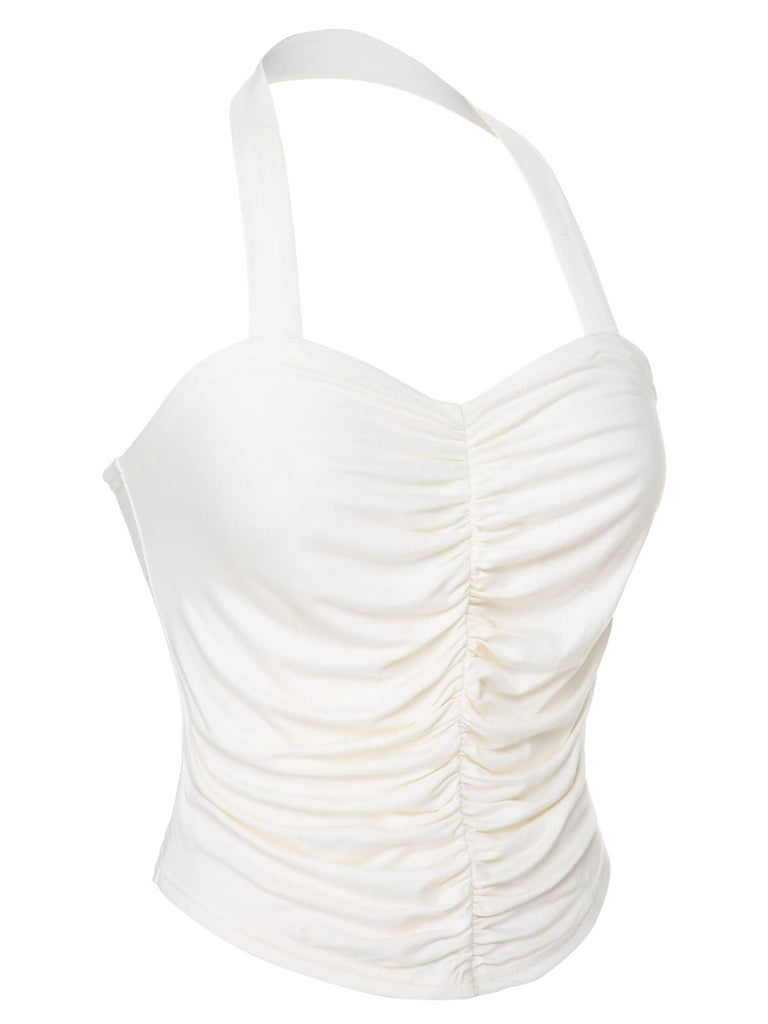 White 1950s Solid Pleated Halter Top