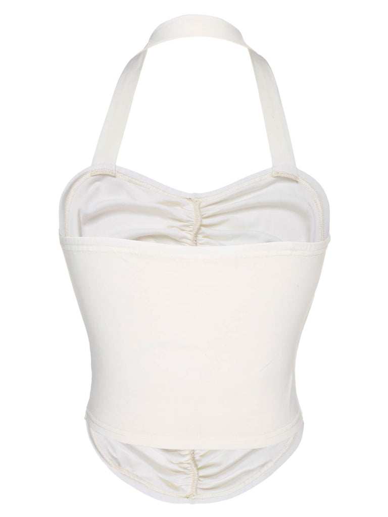 White 1950s Solid Pleated Halter Top