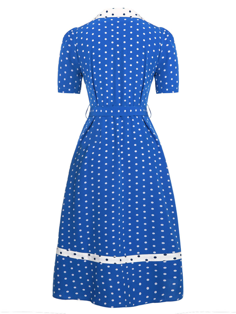 Blue & White 1940s Polka Dot Lapel Dress