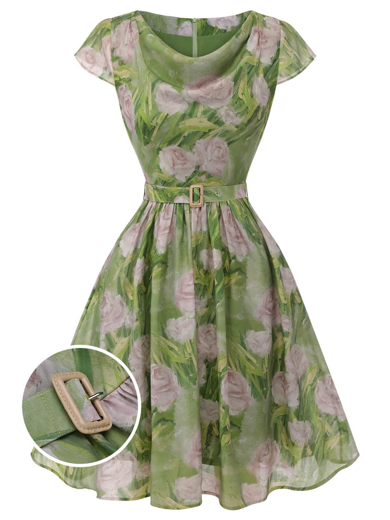 Green 1960s Oil-Painting Rose Dress