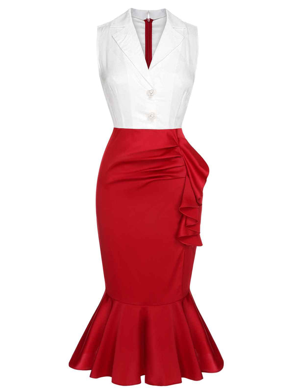 Retro Stage Cocktail Lapel Sleeveless Slit Mermaid Midi Dress Red & White
