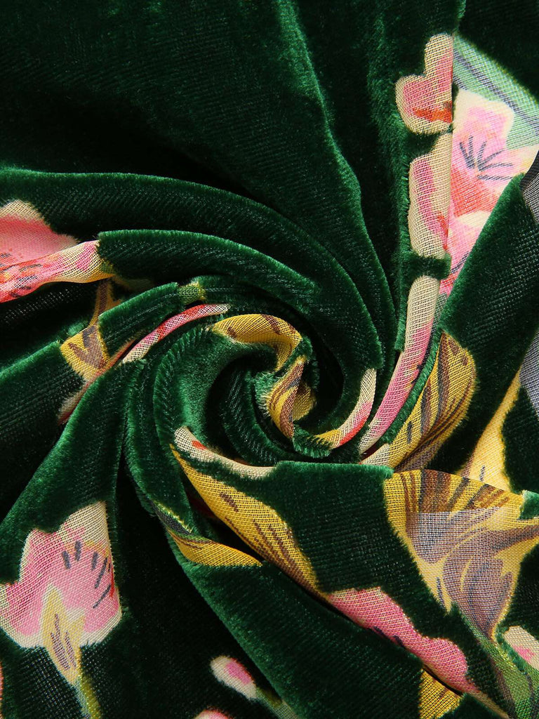 Green 1930s Floral Velvet Sleeveless Dress