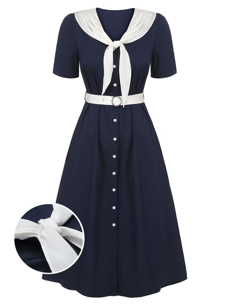 Dark Blue & White 1940s Sailor Collar Dress