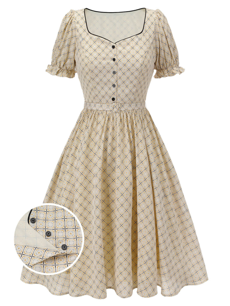 YELLOW 1950S PLAID BUTTON BALLON SLEEVE DRESS
