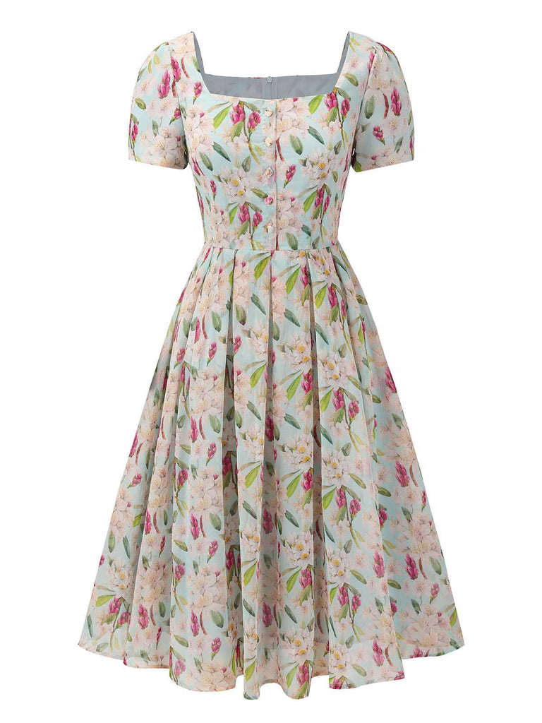 Blue 1950s Square Collar Floral Dress