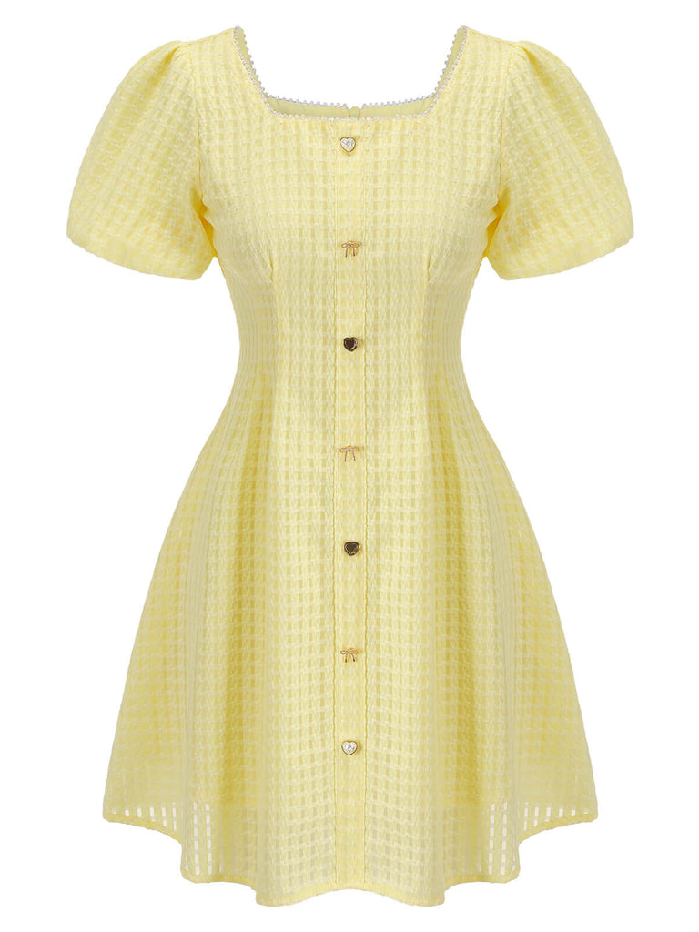 Yellow 1950s Square Neck Buttons Mini Dress